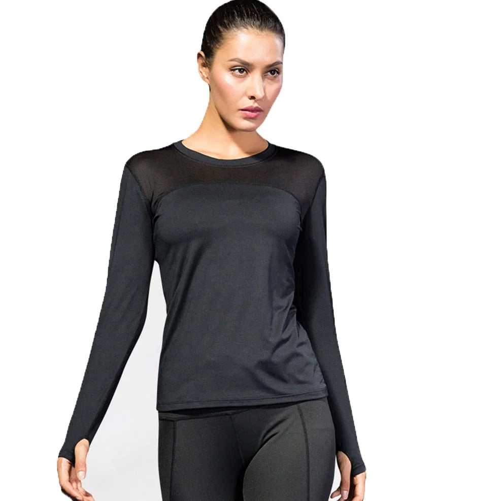Custom Quick Dry Wicking Women Long Sleeves Running Yoga Shirt with Elastic Mesh Compression Gym Women Workout Shirt