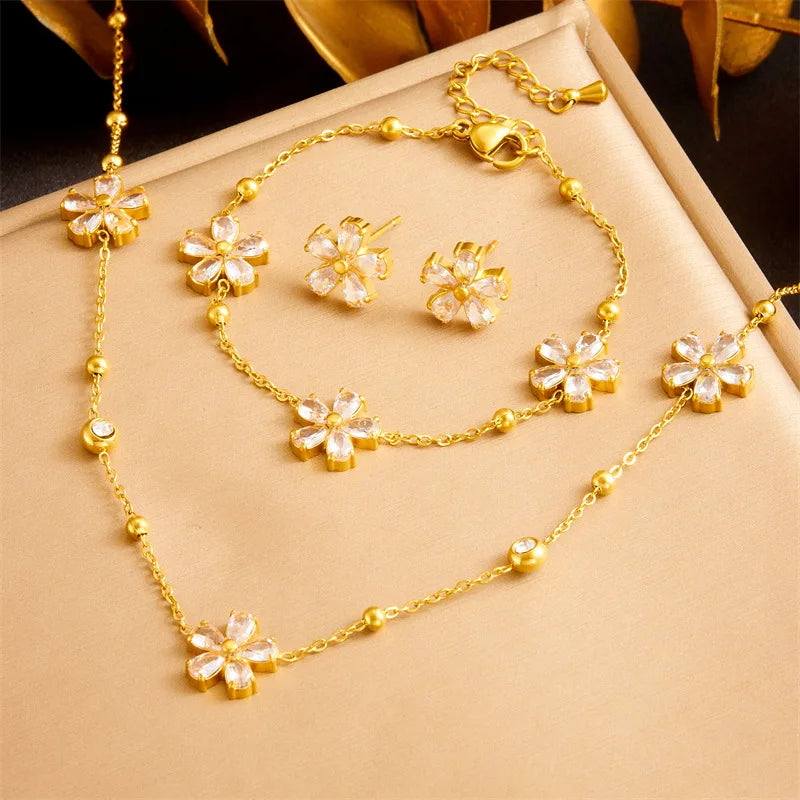 316L Stainless Steel Minimalist Rhinestone Daisy Necklace Earrings Bracelet Set Women's Trendy Non-Fading Flowers Zircon