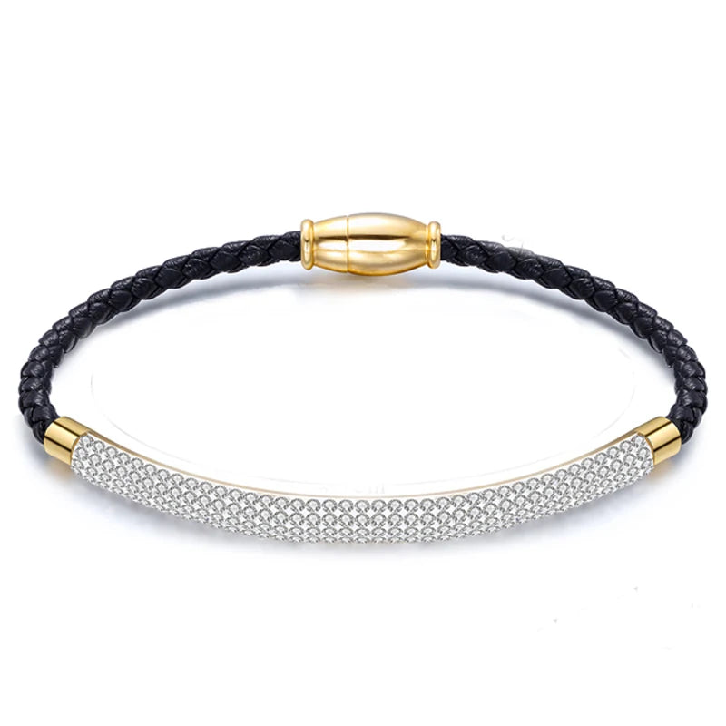 MYNENEY Stainless Steel Magnetic Leather Charm Bracelet with Crystal Rhinestone Romantic Style for Women's Anniversary