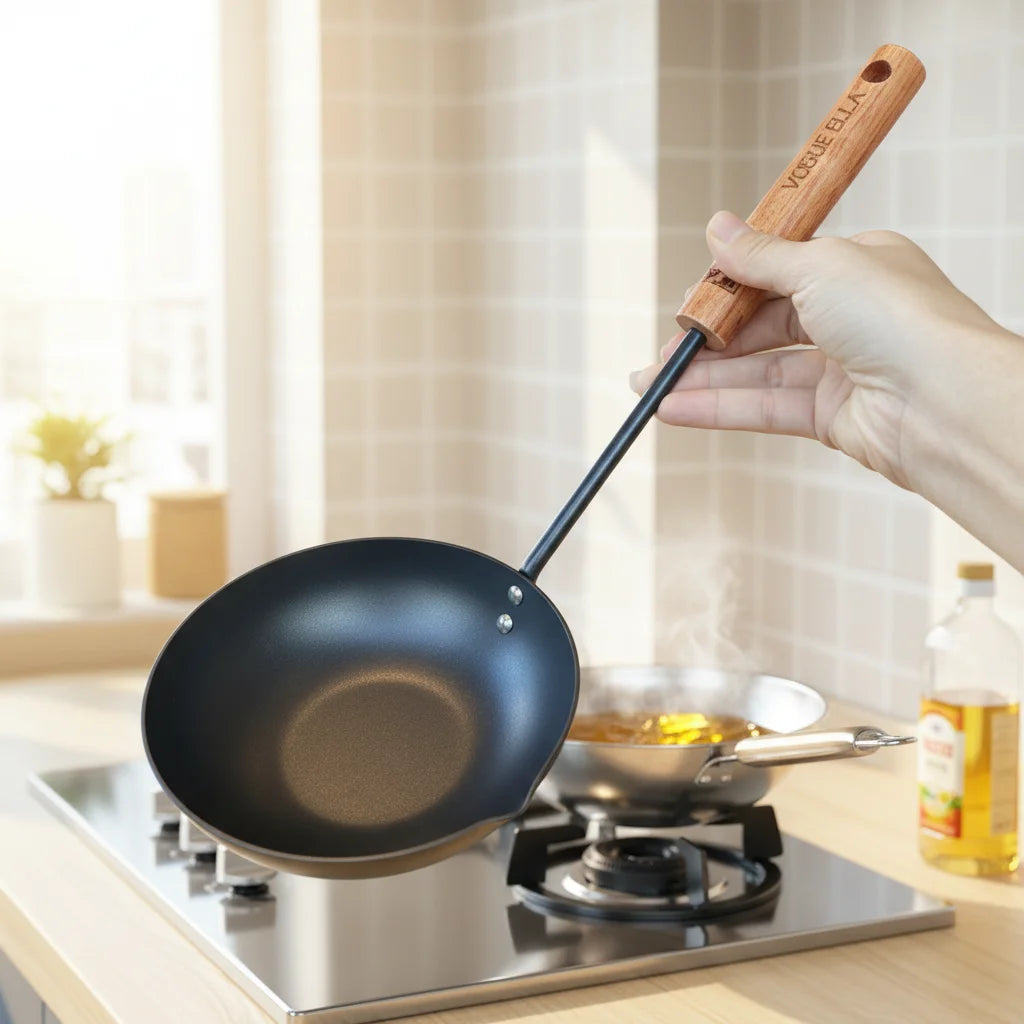 Iron Sauce Pan With Long Handle Uncoated Non Rusting Oil Sauce Pan Flat Bottom for Gas Stove and Induction Cooker