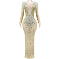 2022 Stage Fashon Show Gold Crystal Sparkly Diamond Crystal Party Dress Long Sleeve Zipper Open End Formal Dresses