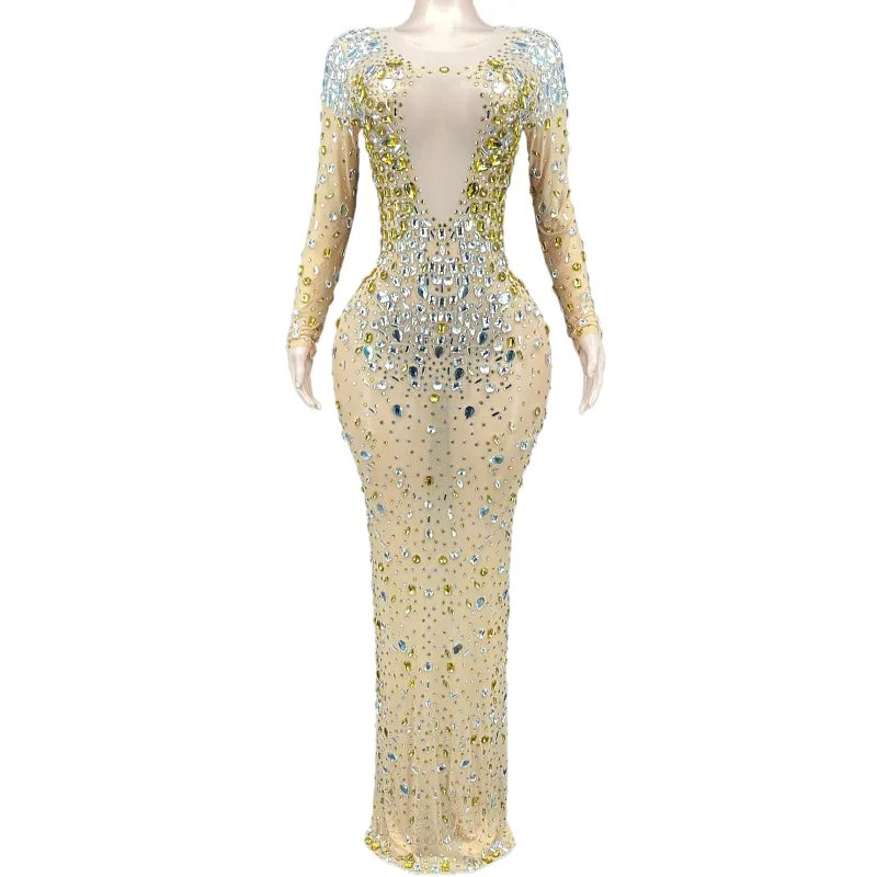 2022 Stage Fashon Show Gold Crystal Sparkly Diamond Crystal Party Dress Long Sleeve Zipper Open End Formal Dresses