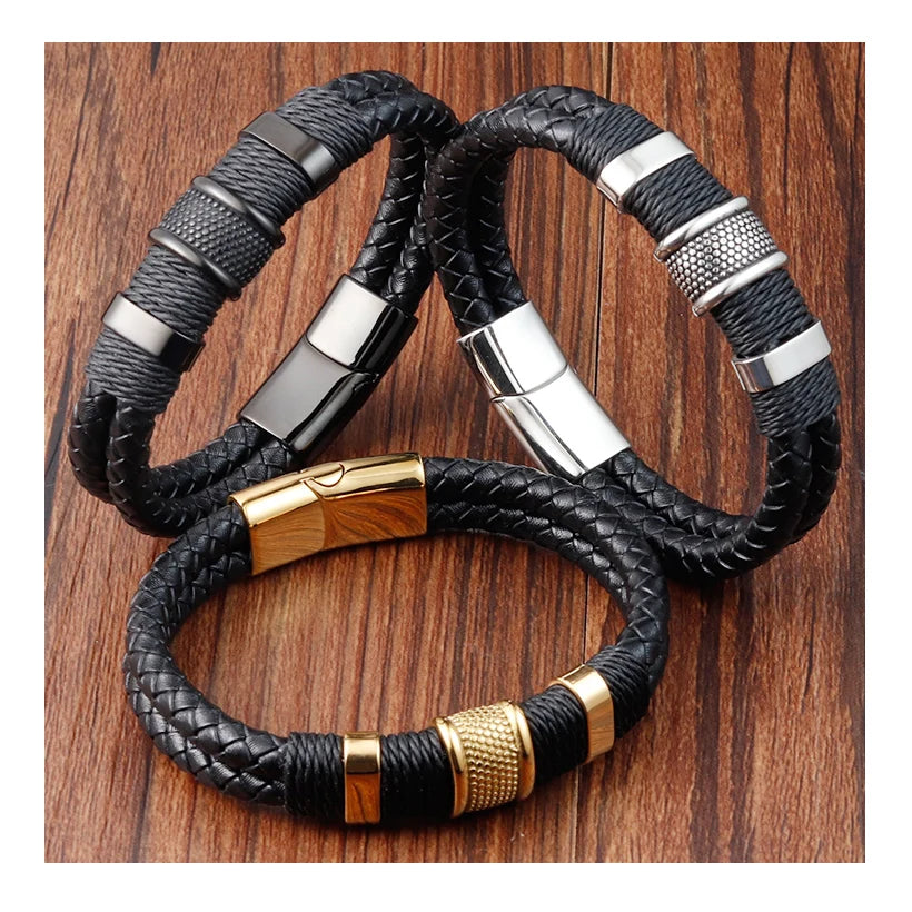 Fashion Design Black Men's Genuine Leather Bracelet Classic Stainless Steel Jewelry Leather Bracelet for Men 21cm Customization
