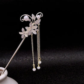 Chinese Ancient Pearl Tassel Hairpin Chopstick Cat Eye Flower Hair Stick for Women Vintage Hanfu Crystal Charm Hairpin Hair Wear