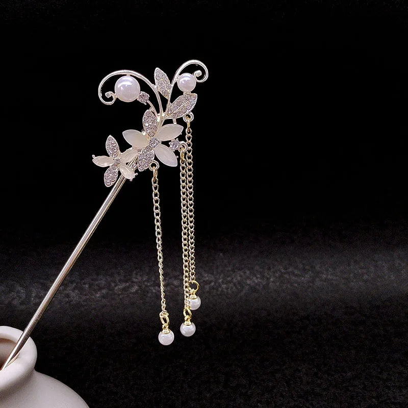 Chinese Ancient Pearl Tassel Hairpin Chopstick Cat Eye Flower Hair Stick for Women Vintage Hanfu Crystal Charm Hairpin Hair Wear