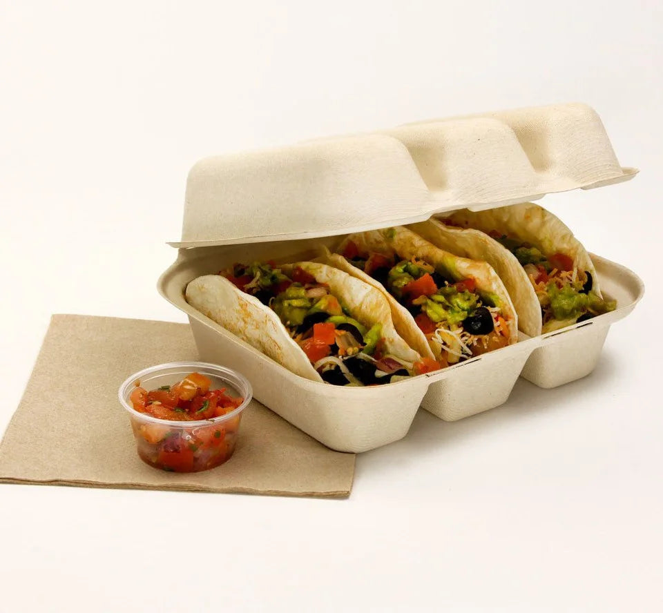 Bioleader No PFAS Eco-Friendly Disposable Lunch Box 3 Compartment Bagasse Fiber Taco Clamshell Lid Microwavable Biodegradable
