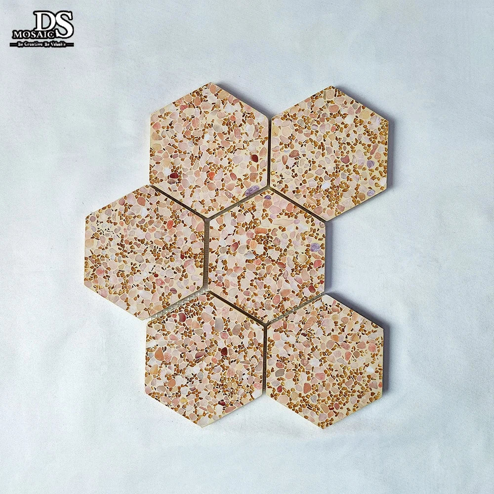 Modern Hexagon Orange Terrazzo Mother of Pearl Shell Mosaic Tiles Honeycomb for Hotel Background Wall Decor Graphic Design