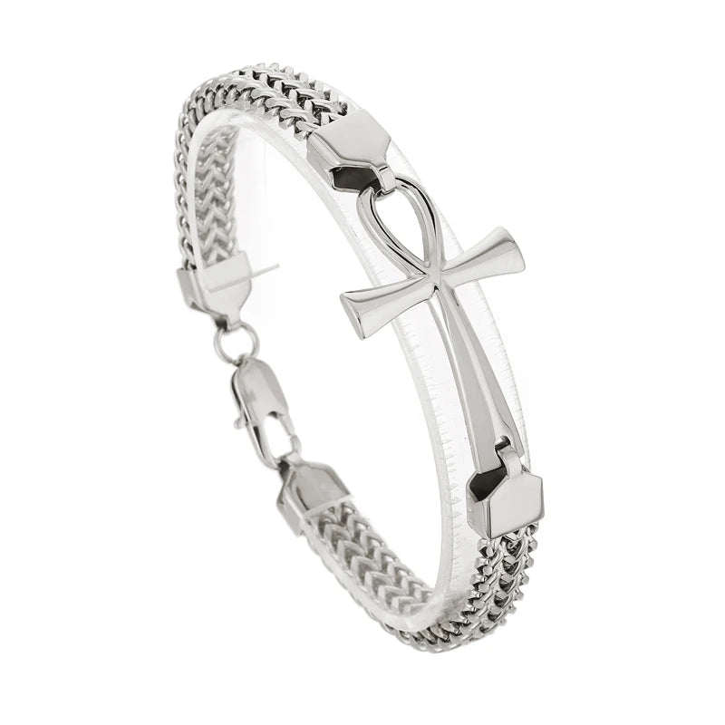 KALEN 220mm Fashion Stainless Steel Egyptian Ankh Charm Herringbone Chain Bracelets