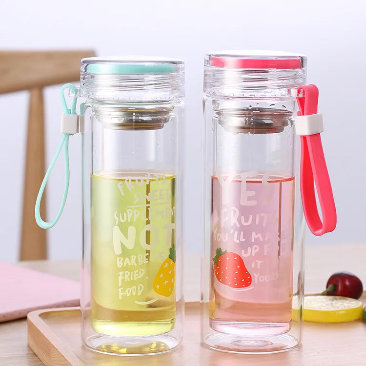 Designed Cute Water Bottle High Borosilicate Double Wall Glass Bottle