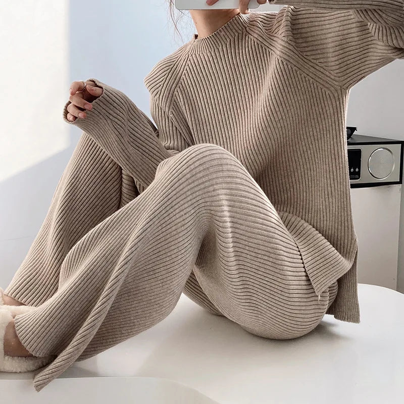 Wholesale 2026 Autumn and Winter New Retro Winter Clothing New Warm Split Sweater Suit Knitted Wide Leg Pants Lazy Two-piece Set