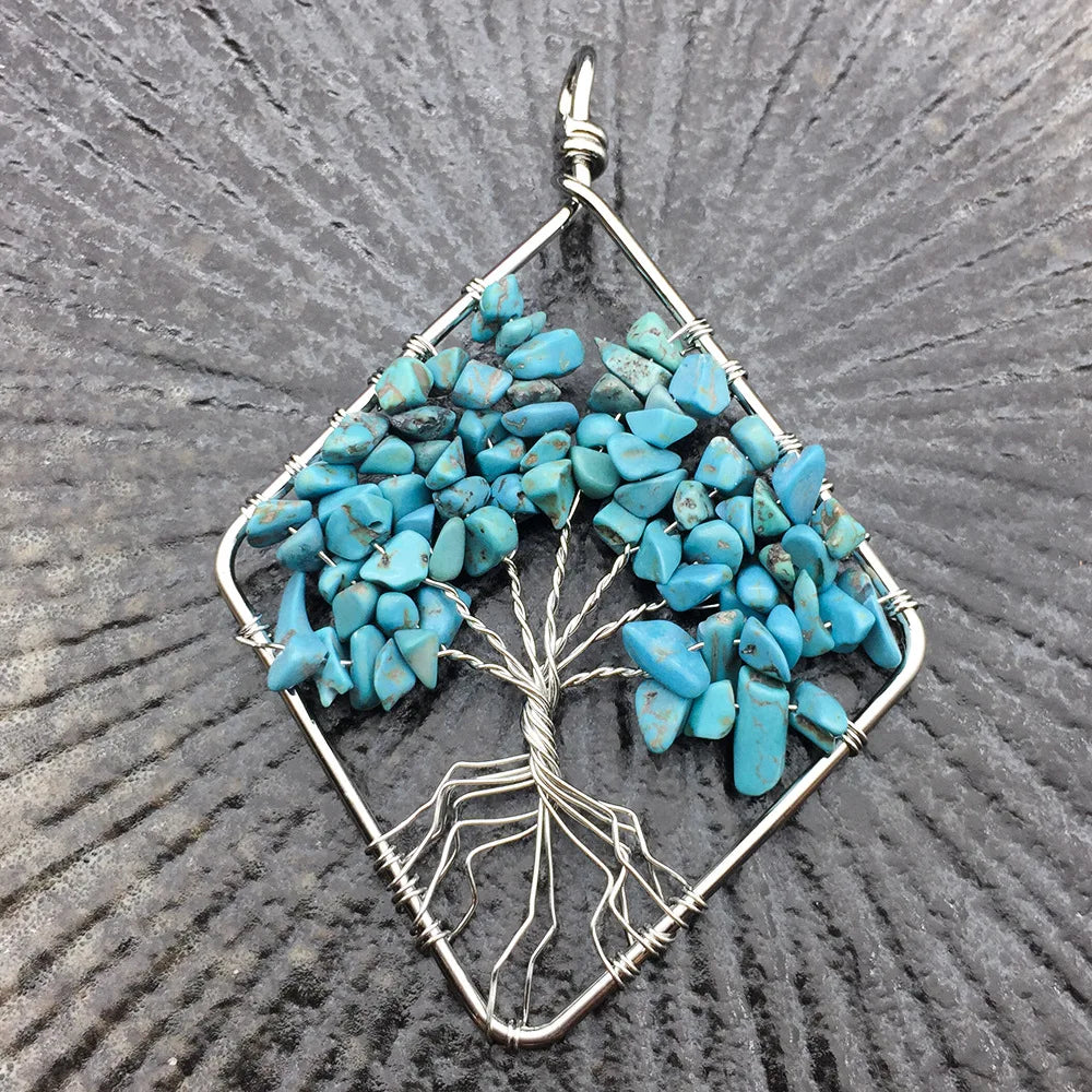 HZ Quartz Factory Directly Wholesale Natural green turquoise Chips Tree of Life Necklace Leather Chain Tree Pendant Palm Tree Necklace