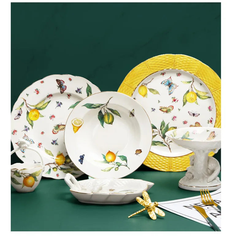 Italian Country Style Western Ceramic Steak Plate Eco-Friendly Gold Rim Dinner Plate with Lemon Design