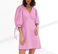 Enyami Chic Leisure Cotton V-neck Lace-up Puff Half Sleeve High Waist Casual Dresses Ruched A-line Mini Women Dress