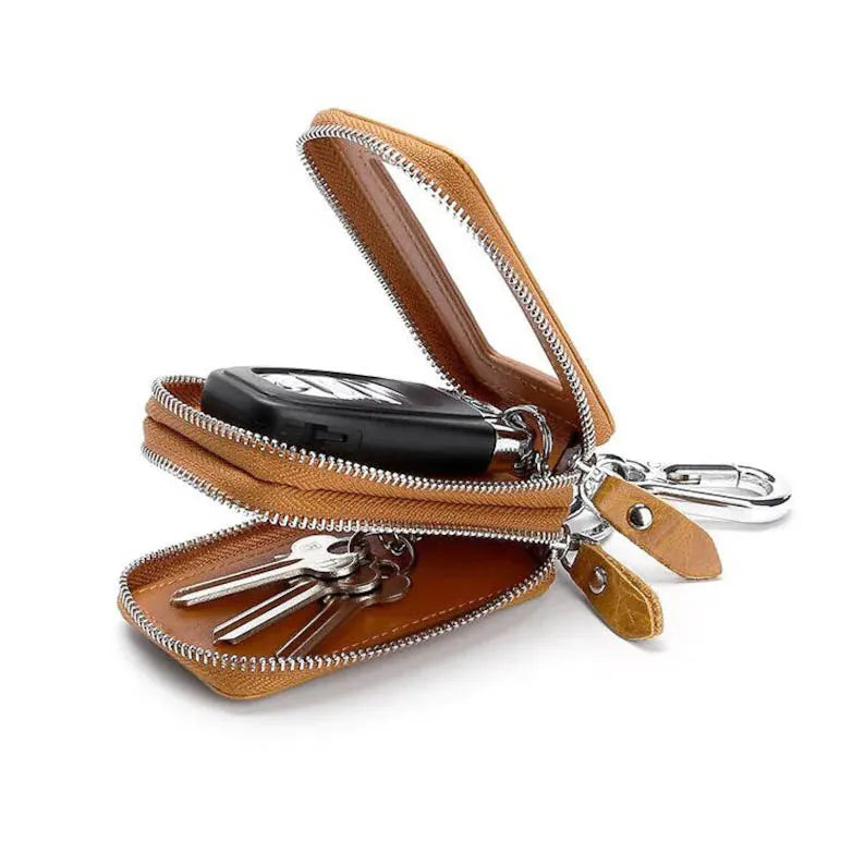 Fashionable Leather Keychain with Double Zippers Mini Car Key Cases Stylish Letter Pattern Car Key Wallets Holder