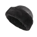 Black PU Leather Docker Cap Wool Lining Faux Fur Rolled Cuffed Harbour Hats for Men Winter Thick Brimless Beanie Cap