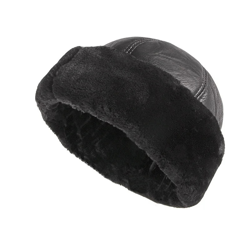 Black PU Leather Docker Cap Wool Lining Faux Fur Rolled Cuffed Harbour Hats for Men Winter Thick Brimless Beanie Cap