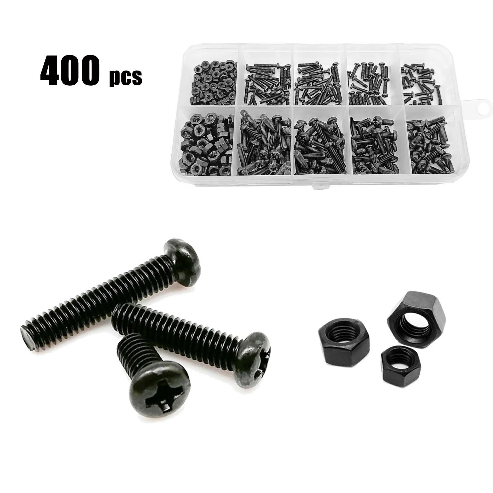 Total 400pcs/box M2 M M3 Black Mini Micro Phillips Cross Pan Round Head Screw Bolt Nut Set Assortment Kit