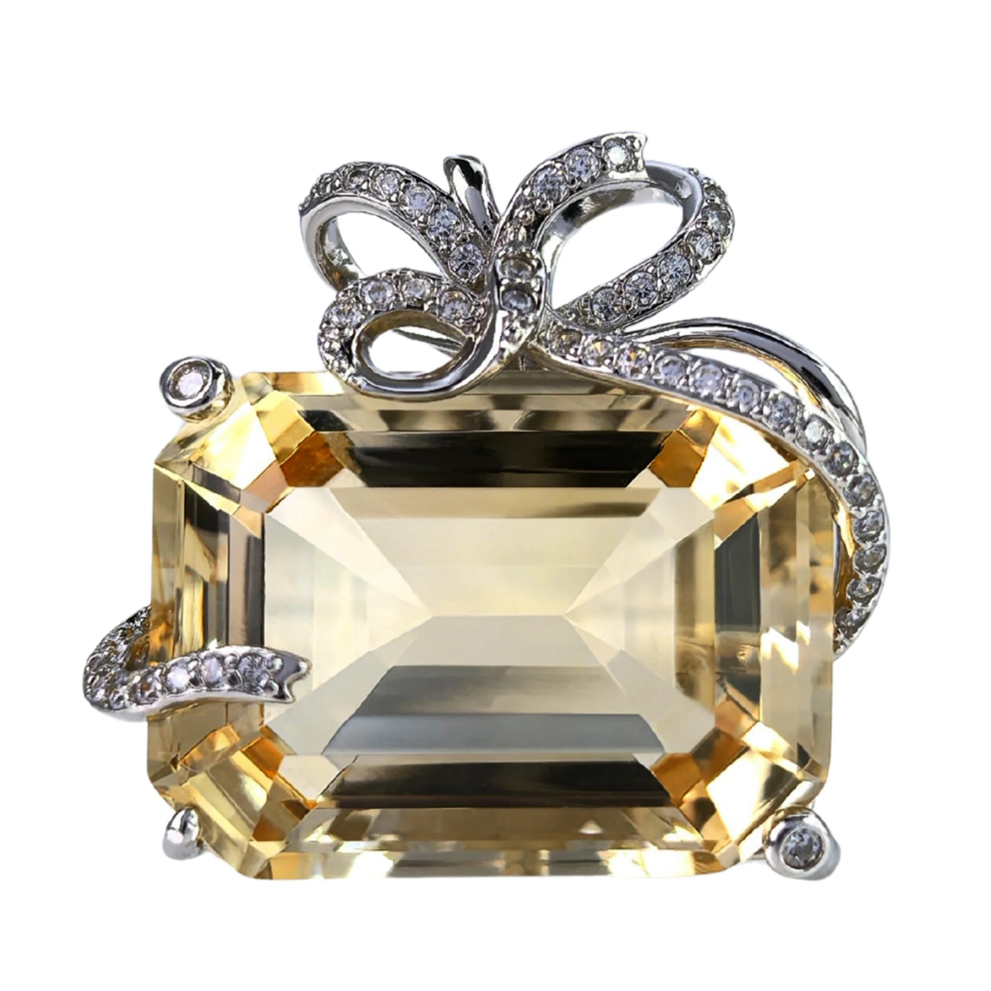 Noble Rhodium Plated 925 Silver Jewelry Natural Citrine Bow Pendant for Women Birthday Gift