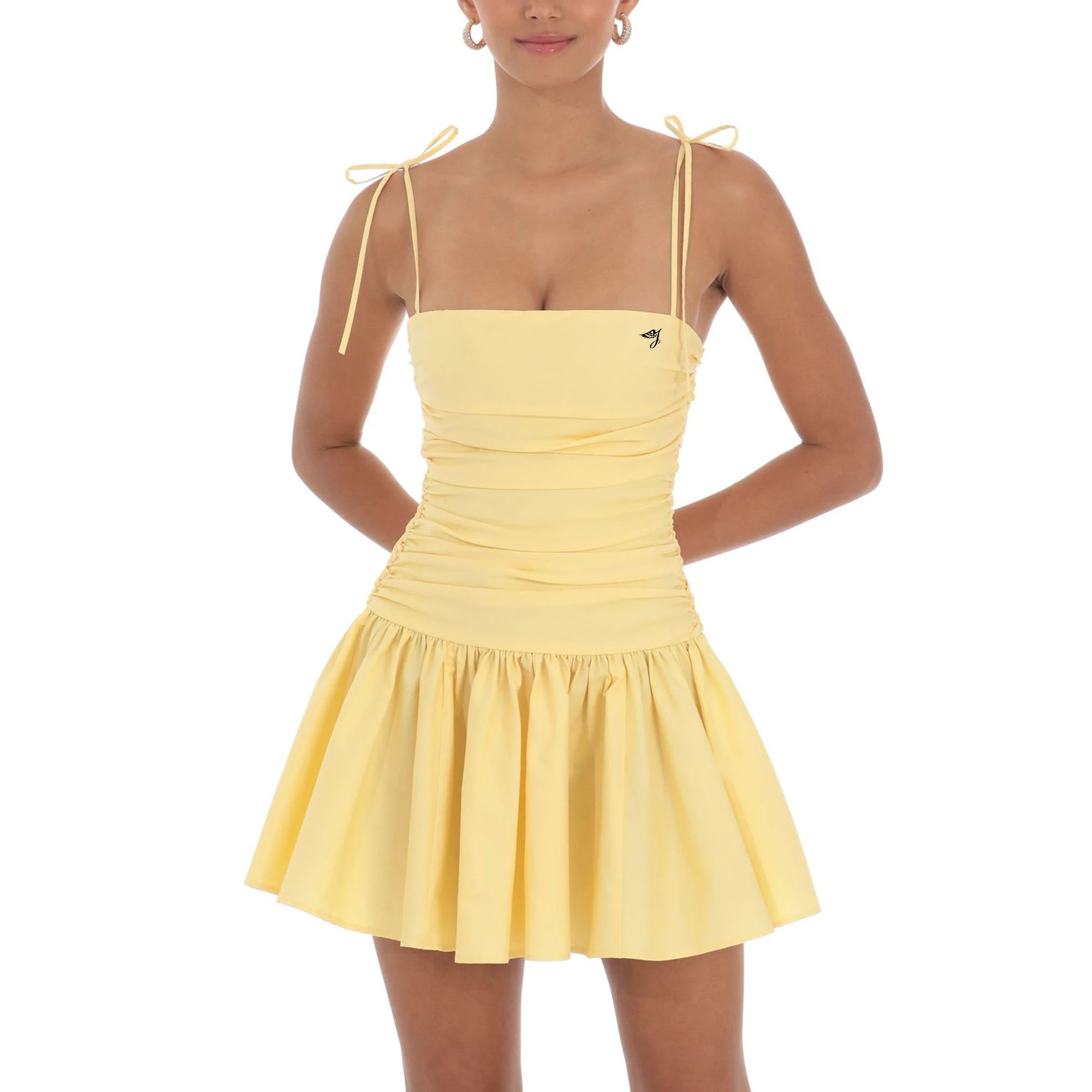 OEM Custom Logo Mini Dress Yellow Jacquard Ruched Fit Flare with Spaghetti Straps Corset Solid Pattern Pleated Design Cute Style