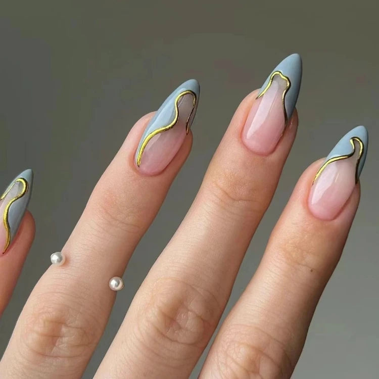 Blue Glitter Nail Tip with Gold Line Design Press-On Nail Suit for Daily Life Salon Use Glue-On Fingernails Attractive Packaging