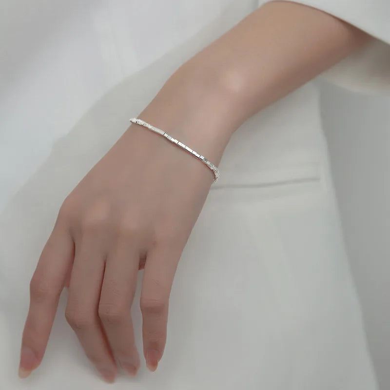 WMS4632 Solid S925 Sterling Silver 925 Machined Rectangular Cuboid Beads String up Bracelet