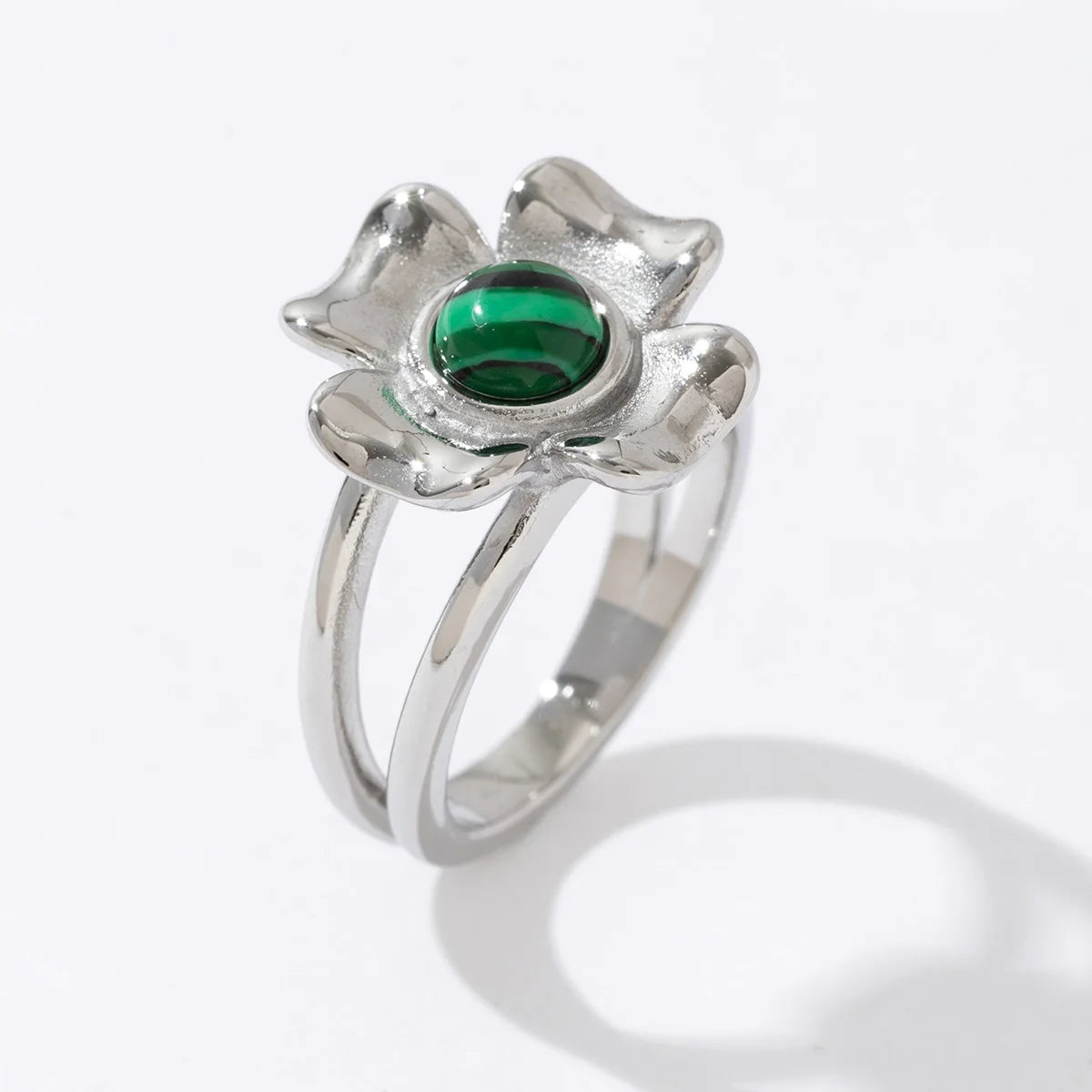 Cute Design Silver Color Stainless Steel Natural Gemstone Emerald Malachite Stone Flower Ring for Women