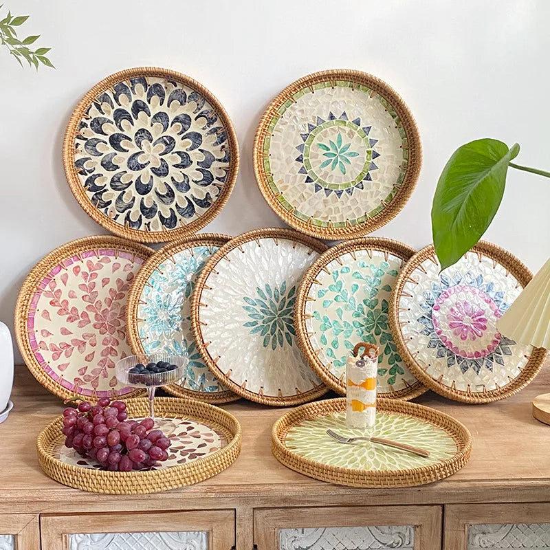 High-grade Handmade Rattan Colorful Shell Round Storage Tray Home Living Room Light Luxury Picnic Fruit Basket Restaurant Tray