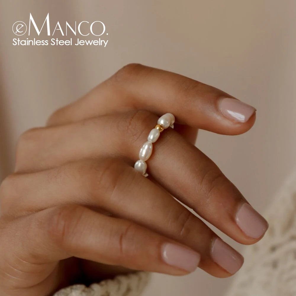 EManco Korean Minimalist Pearl Finger Ring White Round Pearl Ring Wedding Anniversary Gift