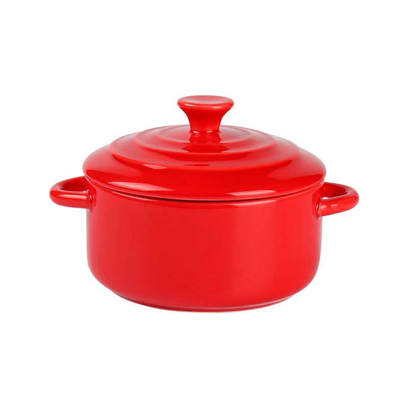 Wholesale Ceramic Red Round Soup Cooking Pot Small Porcelain Stew Pot With Handles & Lid