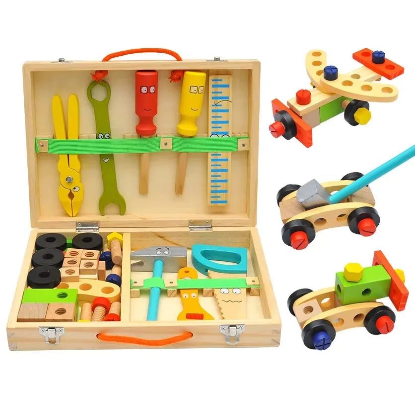 Wooden Toolbox DIY Construction Tool Wooden Tool Box Kids Early Education Toys for Assembly Disassembly Toy