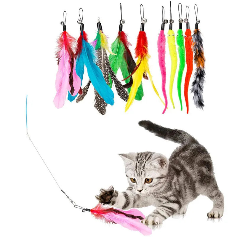 2024 Durable Funny Exercise Interactive Cat Feather Toy Set Cat Wand With Teaser Stick Toys