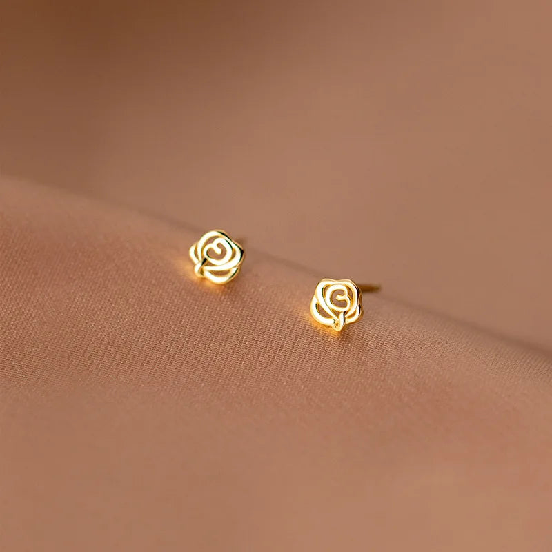 Fashion 925 Sterling Silver Small Rose Flower Shape 18K Gold Plated Stud Earrings Jewelry for Women