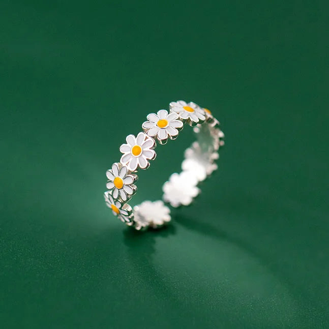 New Design Fashion Stylish Elegant 925 Sterling Silver Daisy Enamel Flower Finger Adjustable Ring S925 Women