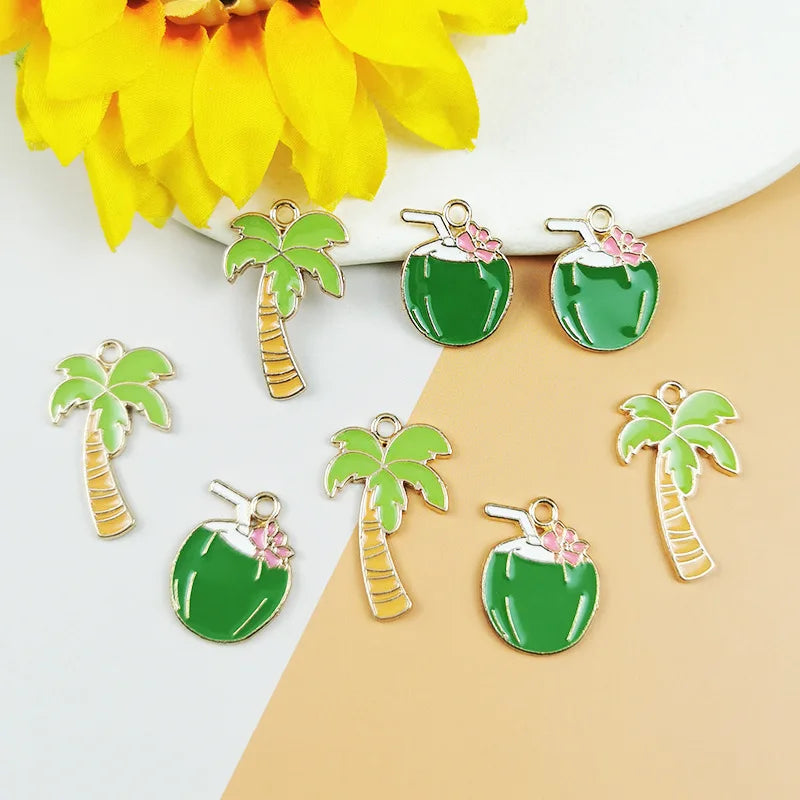 DIY Zinc Alloy Accessories Cartoon Summer Enamel Enameled Green Coconut Tree Pendant Charm for Necklace Making