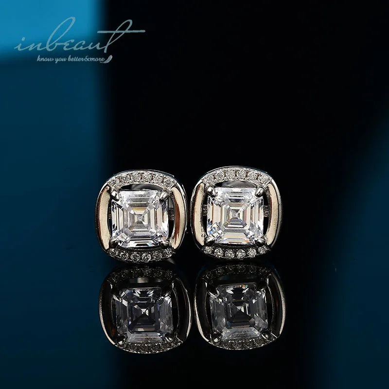 Silver 925 Original Total 2 Ct Brilliant Ascher Cut Diamond Test Past D Color Square Moissanite Stud Earrings Gemstone Jewelry