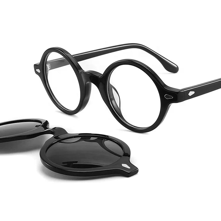 Brand Small Custom Logo Optical Glasses Frame With Sunglasses Clip Rivet Handmade Acetate Eyeglasses Round Prescription Eyewear