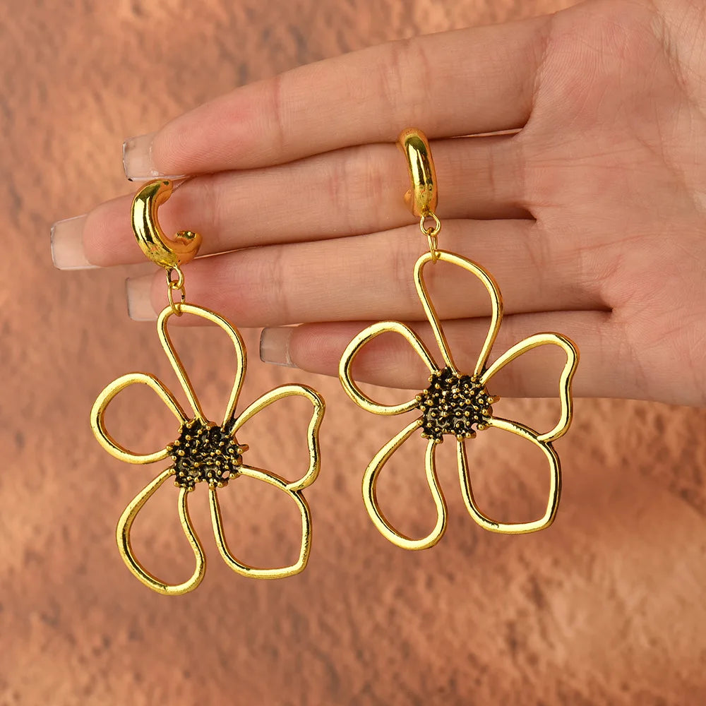 Exaggerated Hollow Flower Pendant Earrings Gold Plated Big Floral Flower Earrings for Women Girls