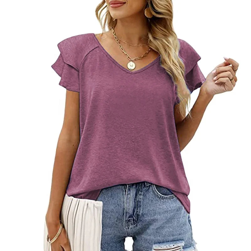 Women's Casual Fashion 2025 Summer Collection New Solid Color V-Neck Double Layer Butterfly Sleeve Breathable Loose Knitted
