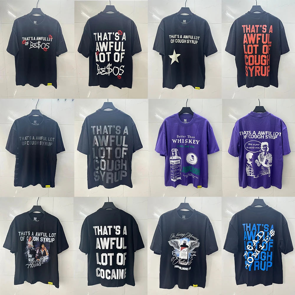 Hot Sale Cotton Custom Black Oversized Men T-shirt Heavyweight High Street Letter Graphic Printing COUGH SYRUP T Shirts for Men