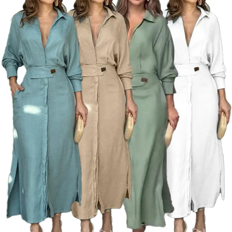 Spring Fall New Women's Casual Knee-Length Shirt Dress with Diamonds Sequined Vintage Design 100% Polyester Long Sleeve