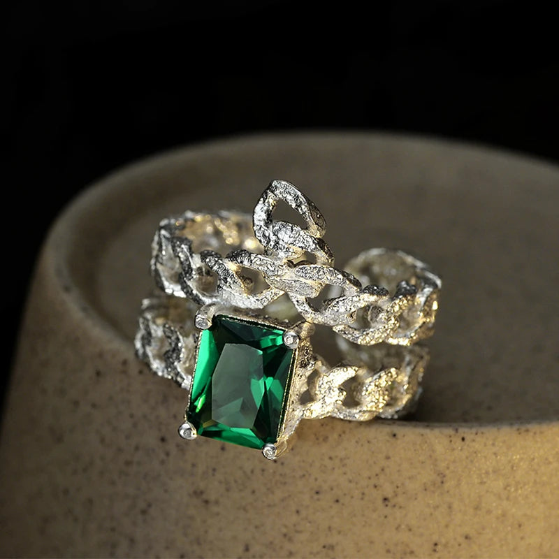 ICEBELA Instagram Style Niche Design Emerald Minimalist Ring 925 Sterling Silver Hollowed-out Texture Emerald Rings for Girls