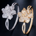 3D Stack Flower Dubai Gold and Silver Plated CZ Stone Large Handcuff Luxury Bangle Bracelet for Women Wedding Party Jewelry