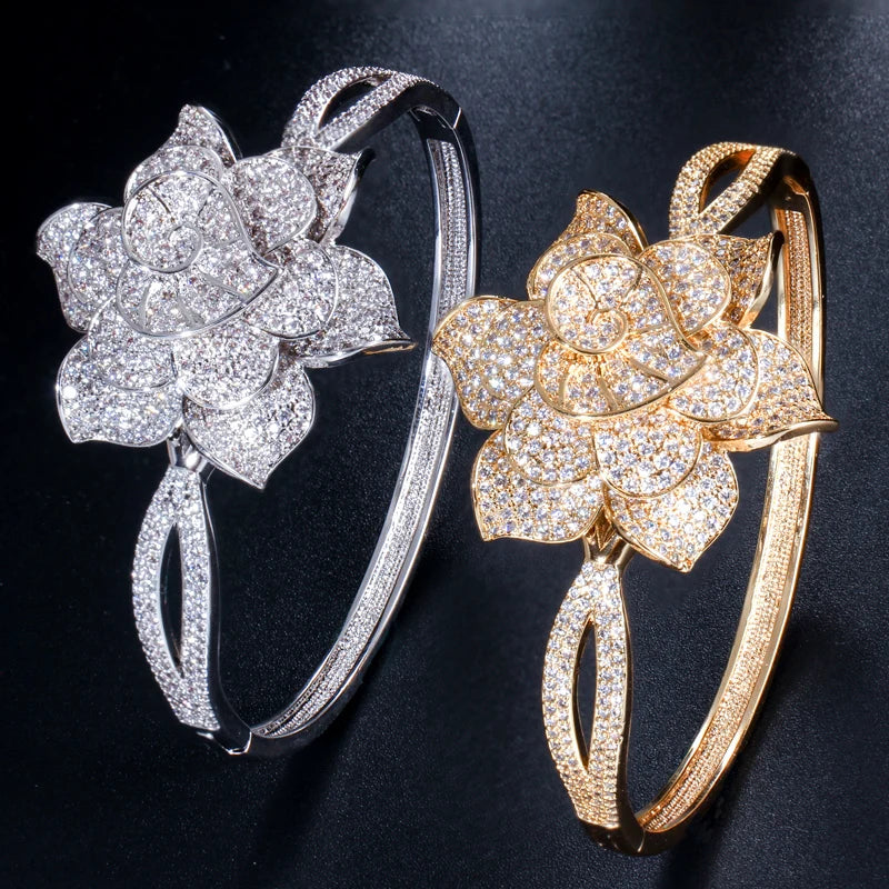 3D Stack Flower Dubai Gold and Silver Plated CZ Stone Large Handcuff Luxury Bangle Bracelet for Women Wedding Party Jewelry