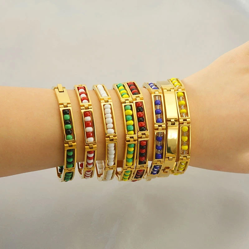 High Quality 18K Gold Plated Stainless Steel Bracelet Non Fade Square Hollow Colored Beaded Bracelet for Women