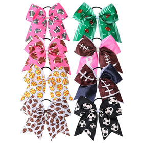 CN 7Inch Grosgrain Ribbon Print Sports Cheer Bow With Elastic Hair Ties Glitter Hair Bows for Girls