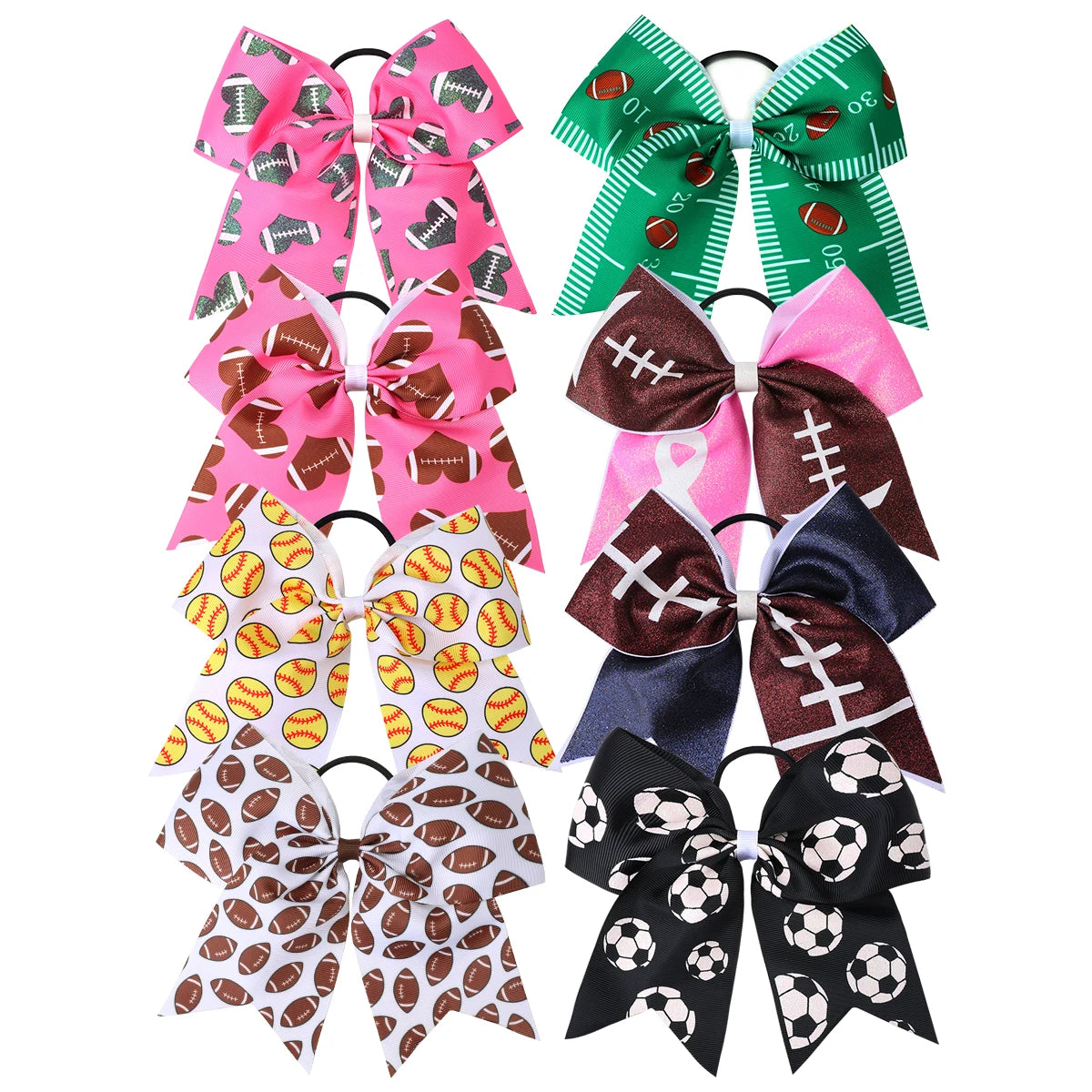 CN 7Inch Grosgrain Ribbon Print Sports Cheer Bow With Elastic Hair Ties Glitter Hair Bows for Girls