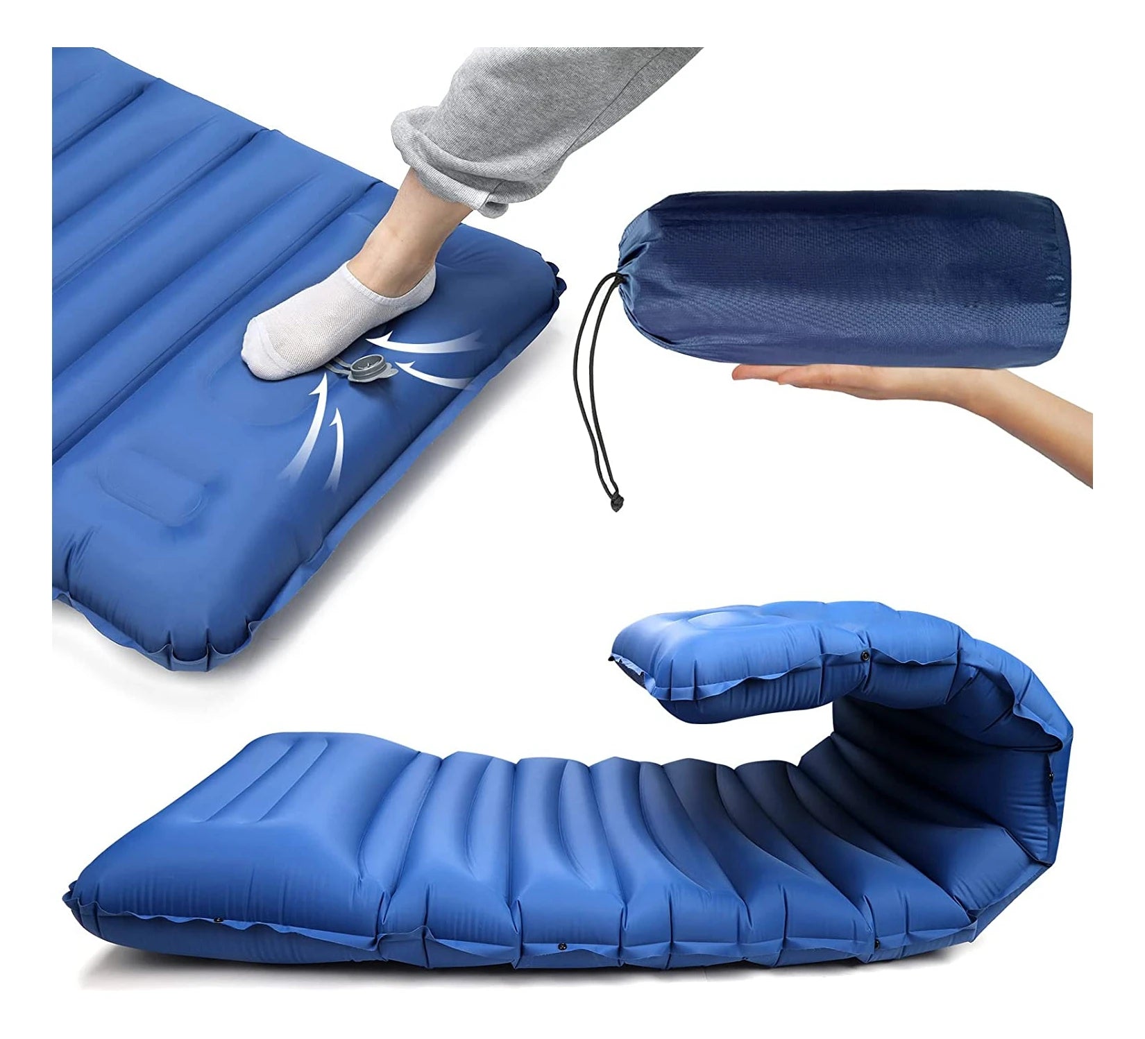 Nylon Thick Lightweight Compact Air Mattress Ultralight Inflatable Camping Sleeping Pad Roll Mat With Built-in Foot Pump