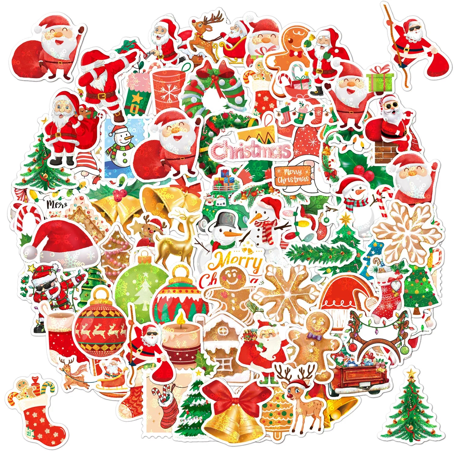 100pcs Holographic Christmas Stickers Laptop Gift Cute Cartoon Decoration Waterproof Stickers Waterproof Vinyl Glitter Sticker