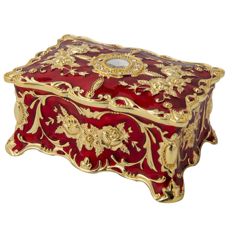 Vintage Rose Jewelry Packing Box New Zinc Alloy Household Desktop Storage Box Gold Blue Red Diamond Inlaid Metal Box
