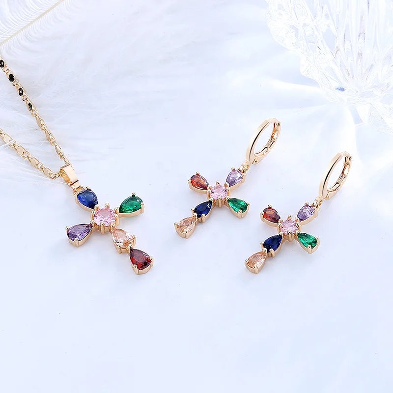 Hot Selling American Fashion Cross Western Catholic Prayer 18k Gold Plated  Necklace and Earring Sets